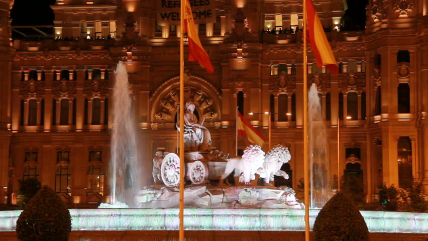 The fountain and Palace of Cybele on Cybele Plaza in Madrid, Spain. 