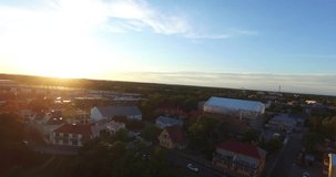 Cinema 4k aerial view on a flight above south harbour, etelÃ¤-satama, at evening sunset, in Hanko, Finland