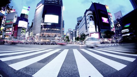Shibuya Crossing in Tokyo, Japan
Tracking upwards from ground with fish-eye lens
