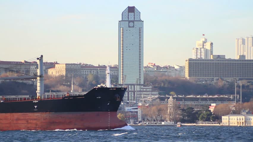 Bulk carrier ship sails along Bosporus Sea 