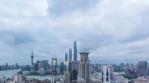 T/L WS HA Elevated View of Shanghai Bund and Lujiazui from dusk to Night 