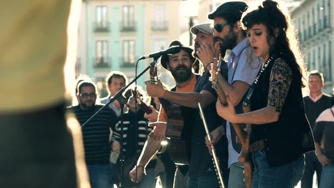 10.10.2016 RONDA, SPAIN: Band playing concert for people in city, super slow motion 240fps
