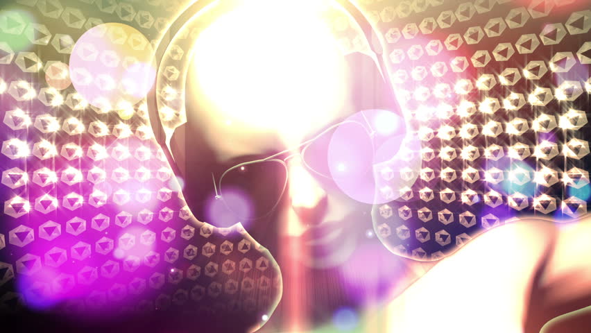 3D woman with headphones AND sunglasses spinning with glow and light streaks and