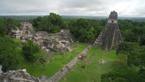 Great aerial shot over the Tikal pyramids in Guatemala. (Guatemala 2010s)