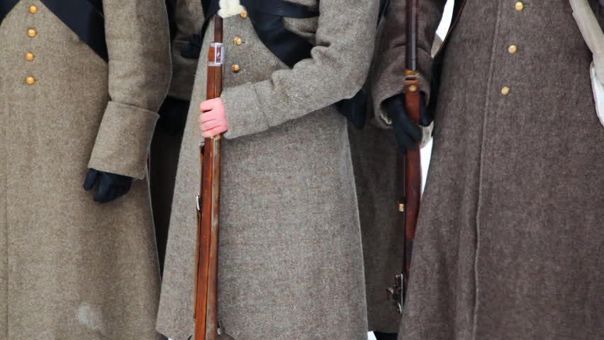 soldiers in uniform and with weapons of Russian army 19th century, close-up