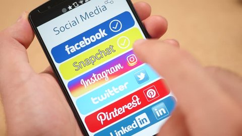 MONTREAL, CANADA - August 2016 : Social media apps selection on smartphone screen : Facebook, Snapchat, Twitter, Pinterest, Linkedin, Instagram