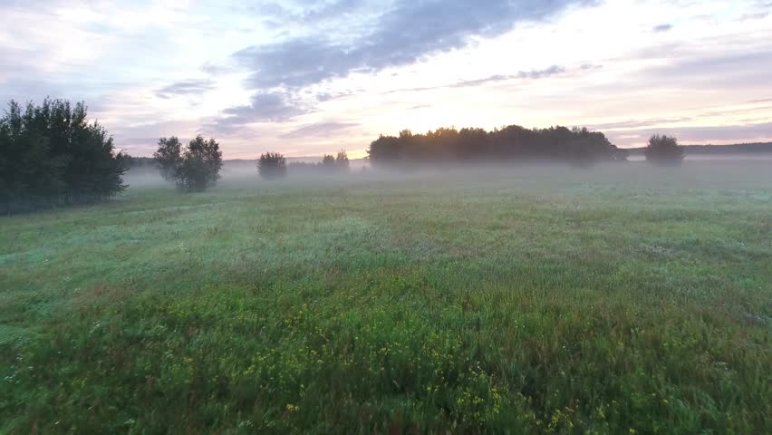 misty fields in morning birds eye view