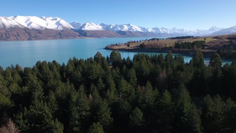 Lake Pukaki and the Southern Alps of New Zealand, aerial view