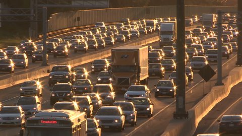 Toronto, Ontario, Canada August 2015 Toronto highway traffic gridlock at sunset
