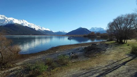 Aerial footage of Glenorchy New Zealand in winter. Lord of the Rings film location 'Middle Earth'