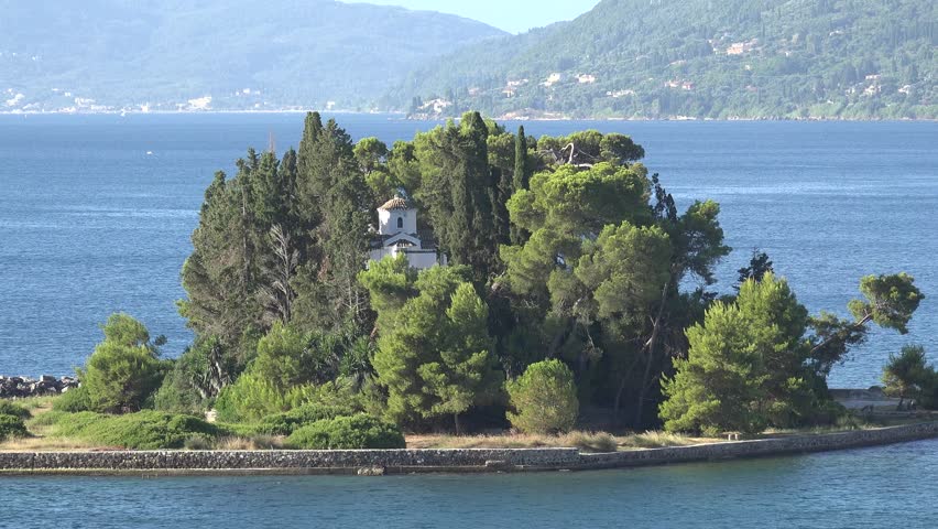 4K Aerial view of Pontikonisi Island in Corfu, Greek destination with iconic place around sea water
