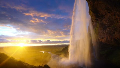Seljalandfoss waterfall in summer sunset, Iceland