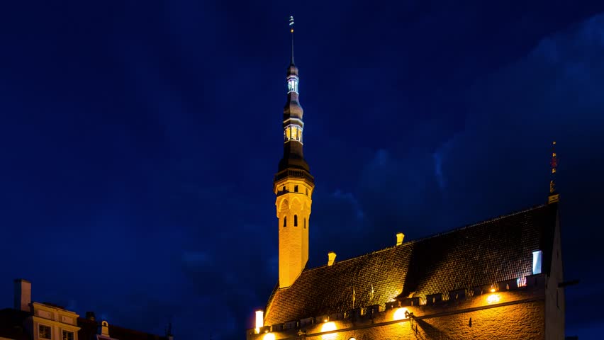 Timelapse 4k: night Tallinn Town Hall (Tallinna raekoda) is a building in Tallinn Old Town, Estonia, next to Town Hall Square. It is oldest town hall in whole of Baltic region and Scandinavia.