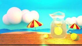 3D Summertime Theme Cartoon Animation. Refreshing ice cold lemonade in glass jar on wooden table. Beautiful ocean, beach, blue sky and clouds background. Relaxing summer vacation.  - Powered by Shutterstock - Get 15% off with code: PIKWIZARD15