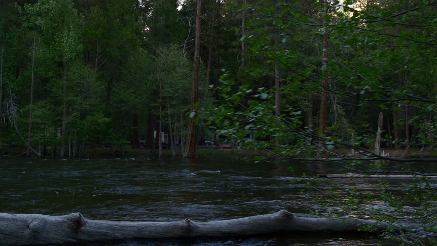 twilight time yosemite park river side walk panorama 4k california usa