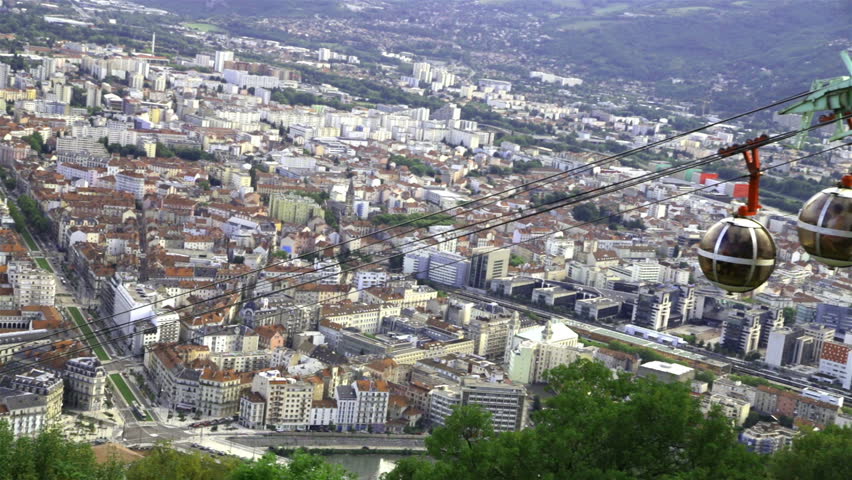 Focus on Cable way in Grenoble. Picturesque aerial view of Grenoble city, France.