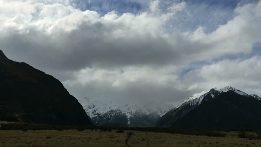 A time lapse view of clouds covering the summit of Mount Cook.