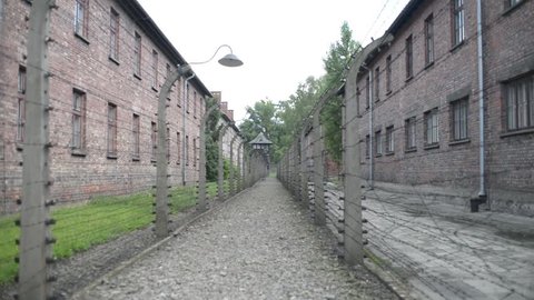 BIELSKO-BIALA, POLAND - JULY 24, 2016: World Youth Days with Papa Francesco - Auschwitz Concentration Camp - barracks and barbed wire