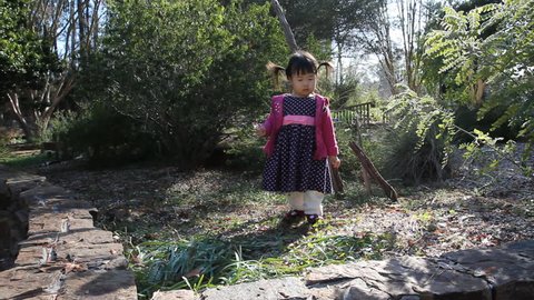 Beautiful Asian Baby Toddler Girl in pink outfit standing by side of pond