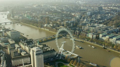 Aerial view of the London Eye and River Thames UK