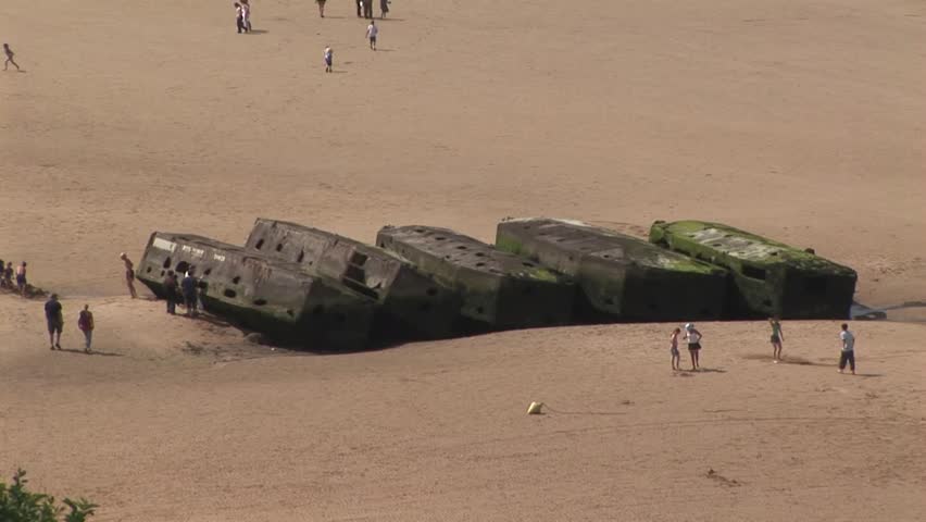 Mulberry dock remnant on Gold Beach Arromanches-les-Bains where the Normandy landings took place on D-Day June 6th 1944 in Calvados Department Normandy, France

