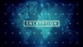 Looped video with animated icons of an encryption and a code on the world map.