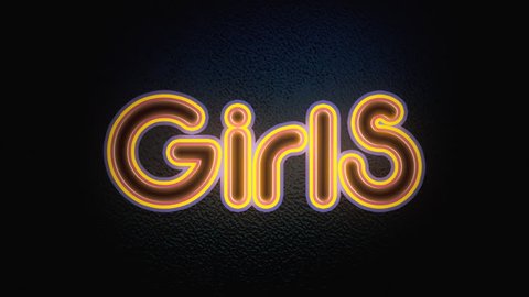 A flickering neon sign over a wall, with the text Girls. Flat style.
