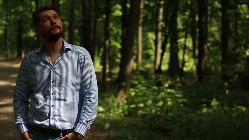 Bearded man stands in the forest. slide motion.