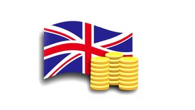 Motion graphics of the British flag with coins disappearing and a downwards arrow - Powered by Shutterstock - Get 15% off with code: PIKWIZARD15