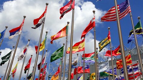 Flags of countries around the world is flying