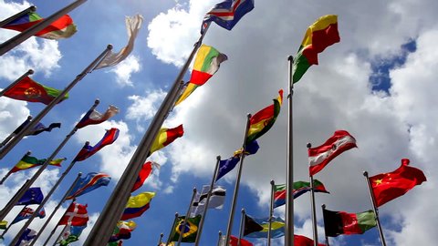 Flags of countries around the world is flying