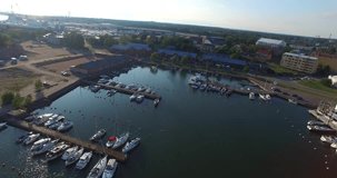 Aerial view on the restaurants at satamakatu in south harbour, Hanko, in Uusimaa, Finland