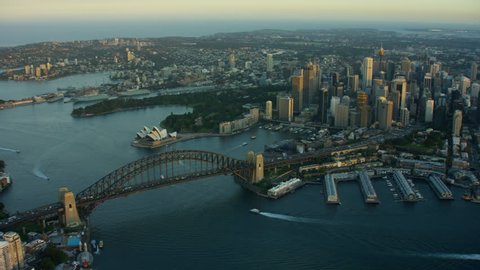 Sydney Australia - 2016: Aerial Opera House Harbour Harbor sunset Circular Quay Skyscraper Building Exterior outdoor travel tourism vacation Sail Cityscape RED DRAGON