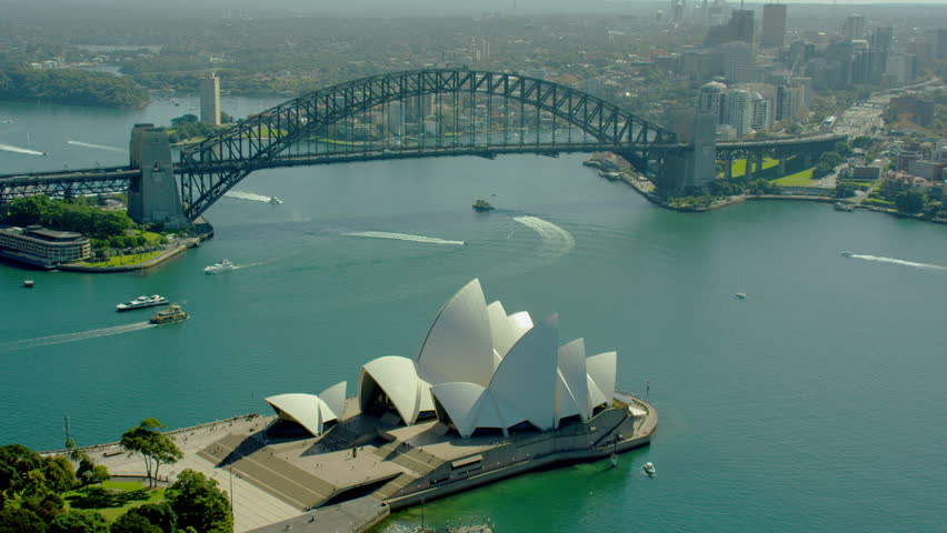 Sydney Australia - 2016: Aerial Sydney Harbor Bridge Australia Opera House Harbour Cityscape sea Circular Quay UNESCO travel tourism holiday RED DRAGON