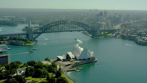Sydney Australia - 2016: Aerial Sydney Harbor Bridge Opera House Harbour Landmark sea Circular Quay Ferry Coastline Cityscape Building travel tourism RED DRAGON