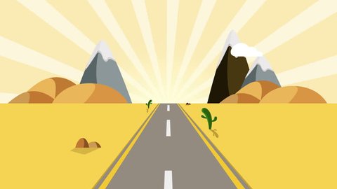 ride through a cartoon desert seamless loop. Animated road on a sunset with space for your object, text or logo Seamlessly loop. Colorful cartoon nature background.