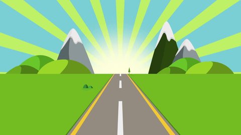 ride through a cartoon highway seamless loop. Animated road on a sunny day with space for your object, text or logo Seamlessly loop. Colorful cartoon nature background full hd and 4k.