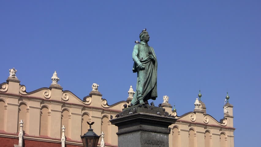 Monument of Great Polish Poet Adam Mickiewicz and Cloth Market, Krakow, Poland