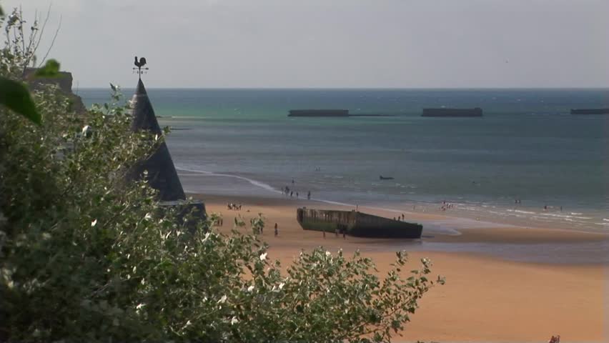 Overview of a Mulberry Port and Phoenix blocks on Gold Beach Beach Arromanches-les-Bains where the Normandy landings took place on D-Day June 6th 1944 in Calvados Department Normandy, France