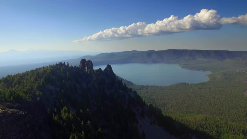 Drone view of Oregon lake surrounded by forest and mountains