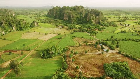 Aerial view of limestone mountain Karst, the Avatar-like mountain pass of sharp cliffs, peak forest and sinkhole landscape at Noen Maprang district of Phitsanulok Province, Thailand.