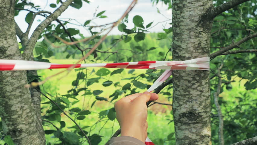 A man attaches the prohibbiting tape. Close-up. Fencing of land.