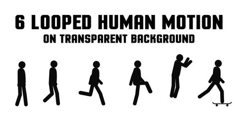 Animated pictogram man. Set of 6 looped successive movements: fast and slow walking, running, slinking walking, jumping, riding on a skateboard. Transparent background.