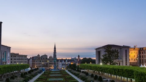 Time lapse from Mont des Arts in Brussels at sunset. Belgium capital