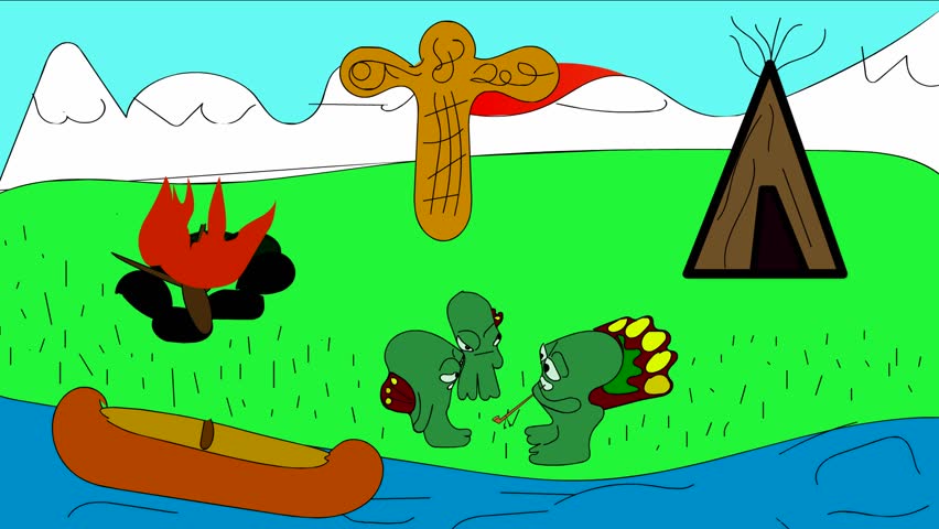 The Indians are standing in a clearing,talking. One smokes pipe,coughs and falls into the water.Smoking kills!