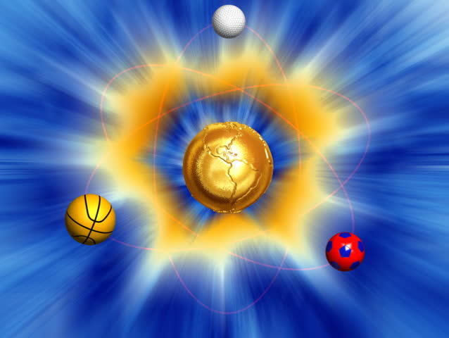 Gold Earth with bump map surrounded by different sport animated balls,LOOP