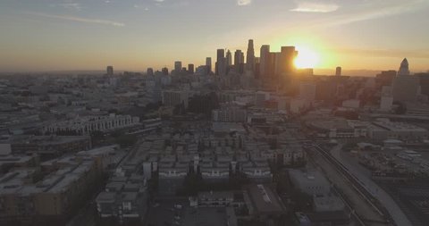 Aerial "Push Into" Shot of Downtown Los Angeles During Sunset