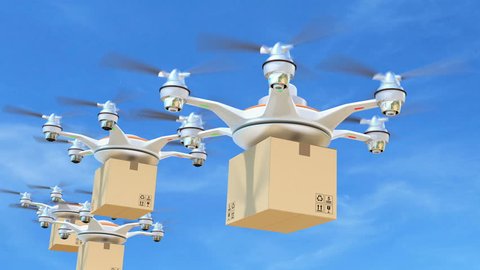 Delivery drones with cargo package for fast delivery concept. 3D rendering animation.