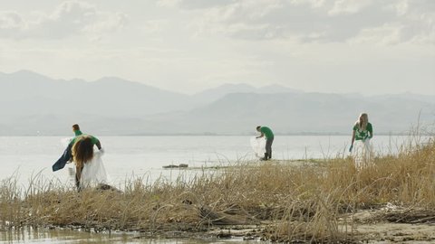 Wide panning shot of volunteers collecting garbage at lake / Vineyard, Utah, United States