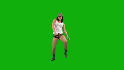 Military girl dancing hip-hop against green screen 
